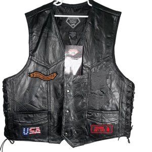 NWT Diamond Plate Genuine Buffalo Leather Men's Black Vest With Patches Size L